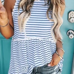 Womens Lovely Lace Trim Tank, Blue Stripe